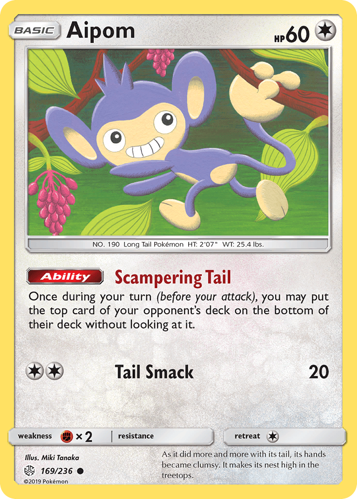 169, Colorless, Common, Fighting[×2], Normal, Reverse Holofoil, Sun & Moon: Cosmic Eclipse Aipom (169/236) [Sun & Moon: Cosmic Eclipse] - Trading Card World