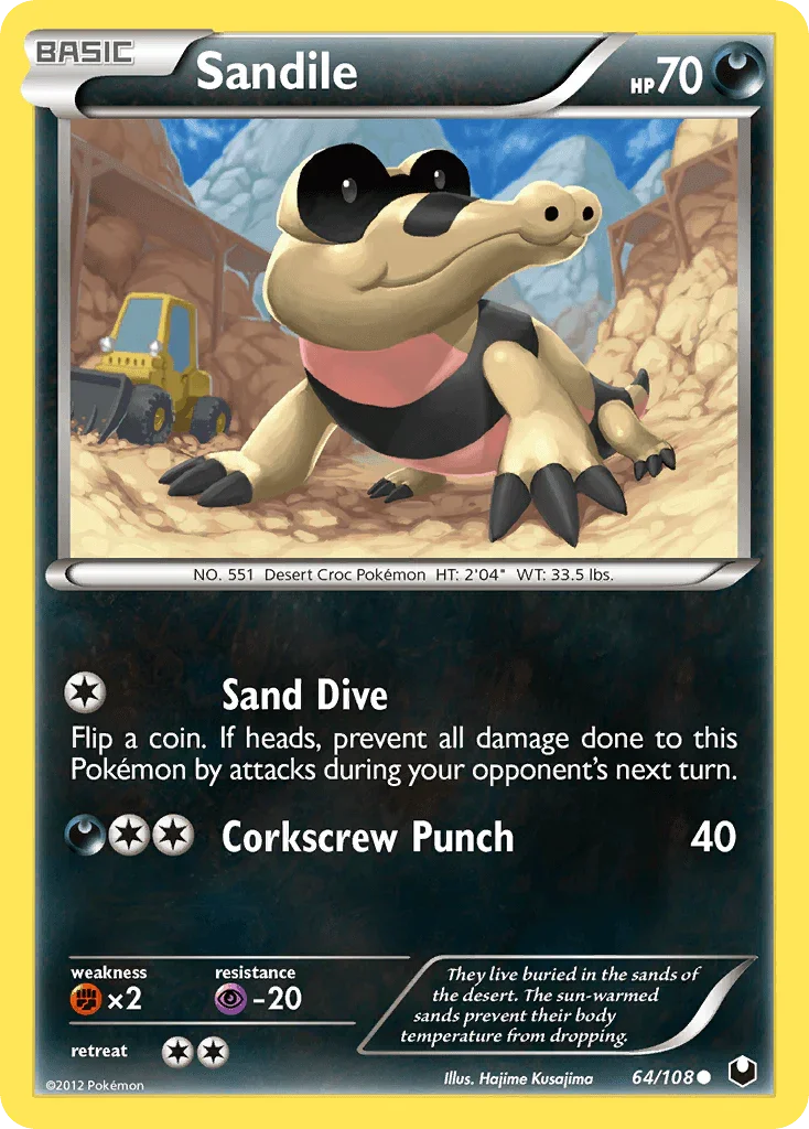 64, Black & White: Dark Explorers, Common, Darkness, Fighting[×2], Normal, Psychic[-20], Reverse Holofoil Sandile (64/108) [Black & White: Dark Explorers] - Trading Card World