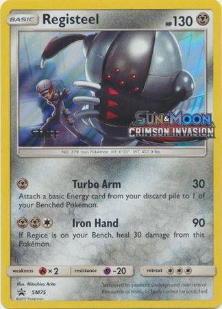 Fire[×2], Holofoil, Metal, Promo, Psychic[-20], SM75, Sun & Moon: Black Star Promos Registeel (SM75) (Staff Prerelease Promo) [Sun & Moon: Black Star Promos] - Trading Card World
