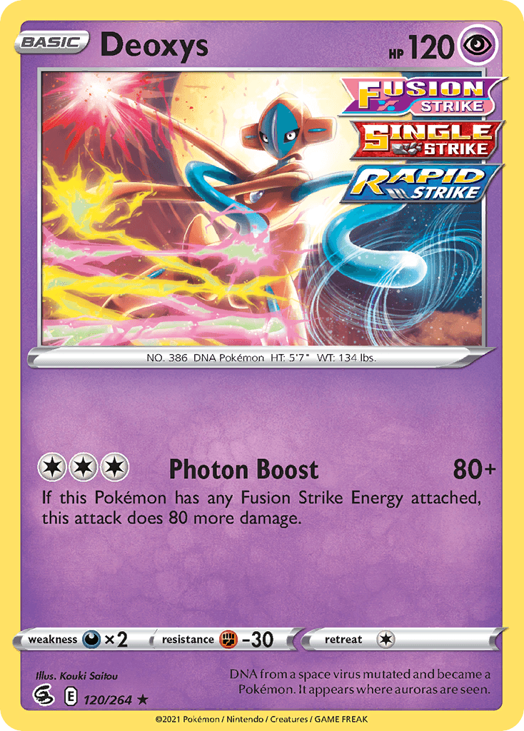 120, Darkness [x2], Fighting [-30], Normal, Psychic, Rare, Sword & Shield: Fusion Strike Deoxys (120/264) (Theme Deck Exclusive) [Sword & Shield: Fusion Strike] - Trading Card World