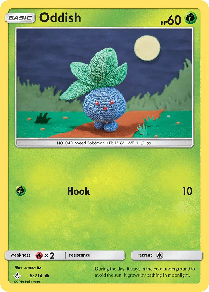 Common, Fire[×2], Grass, Normal, Reverse Holofoil, Sun & Moon: Unbroken Bonds Oddish (6/214) [Sun & Moon: Unbroken Bonds] - Trading Card World