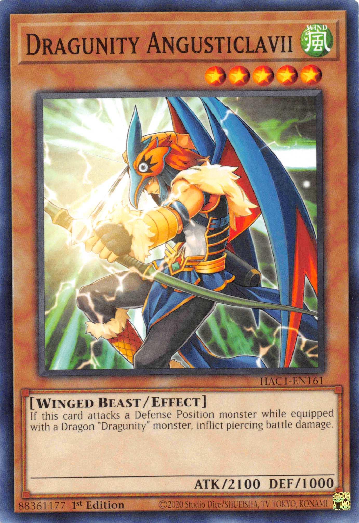 1st Edition, Common, Effect Monster, Hidden Arsenal: Chapter 1, Wind, Winged Beast Dragunity Angusticlavii [HAC1-EN161] Common - Trading Card World