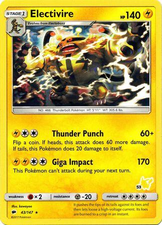43, Battle Academy 2020, Fighting[×2], Lightning, Metal[-20], Normal, Promo Electivire (43/147) (Pikachu Stamp #53) [Battle Academy 2020] - Trading Card World