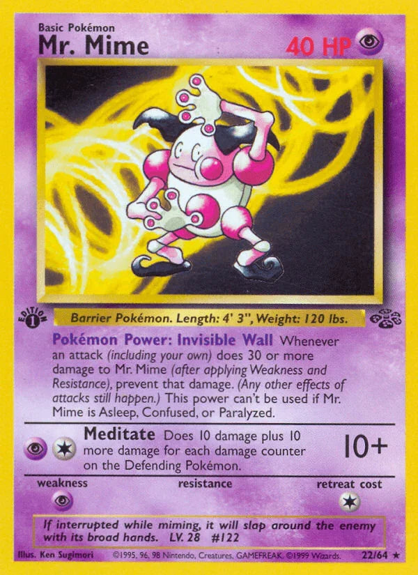 1st Edition Normal, 22, Jungle 1st Edition, Psychic, Psychic[×2], Rare Mr. Mime (22/64) [Jungle 1st Edition] - Trading Card World