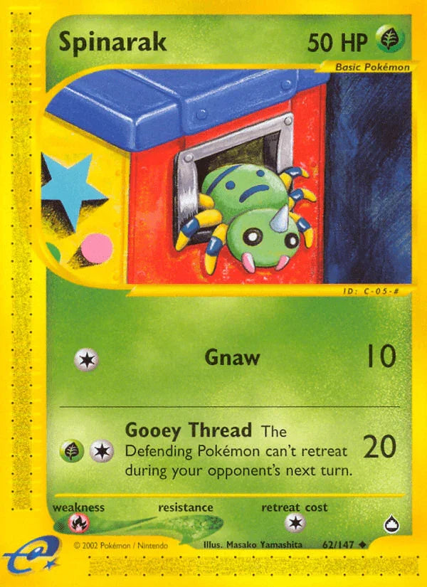 62, Aquapolis, Fire[×2], Grass, Normal, Reverse Holofoil, Uncommon Spinarak (62/147) [Aquapolis] - Trading Card World