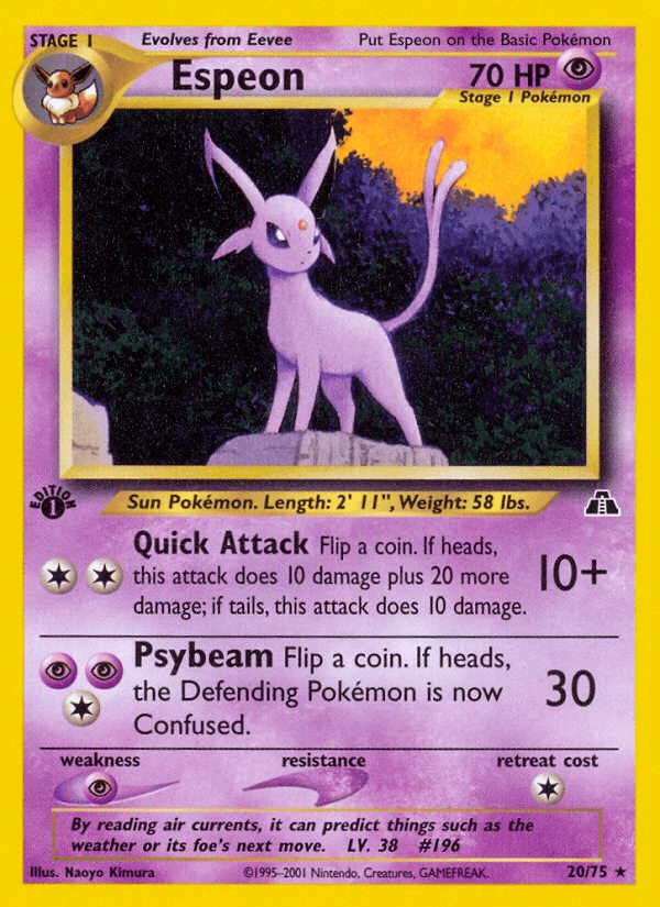 1st Edition Normal, 20, Neo Discovery 1st Edition, Psychic, Psychic[×2], Rare Espeon (20/75) [Neo Discovery 1st Edition] - Trading Card World