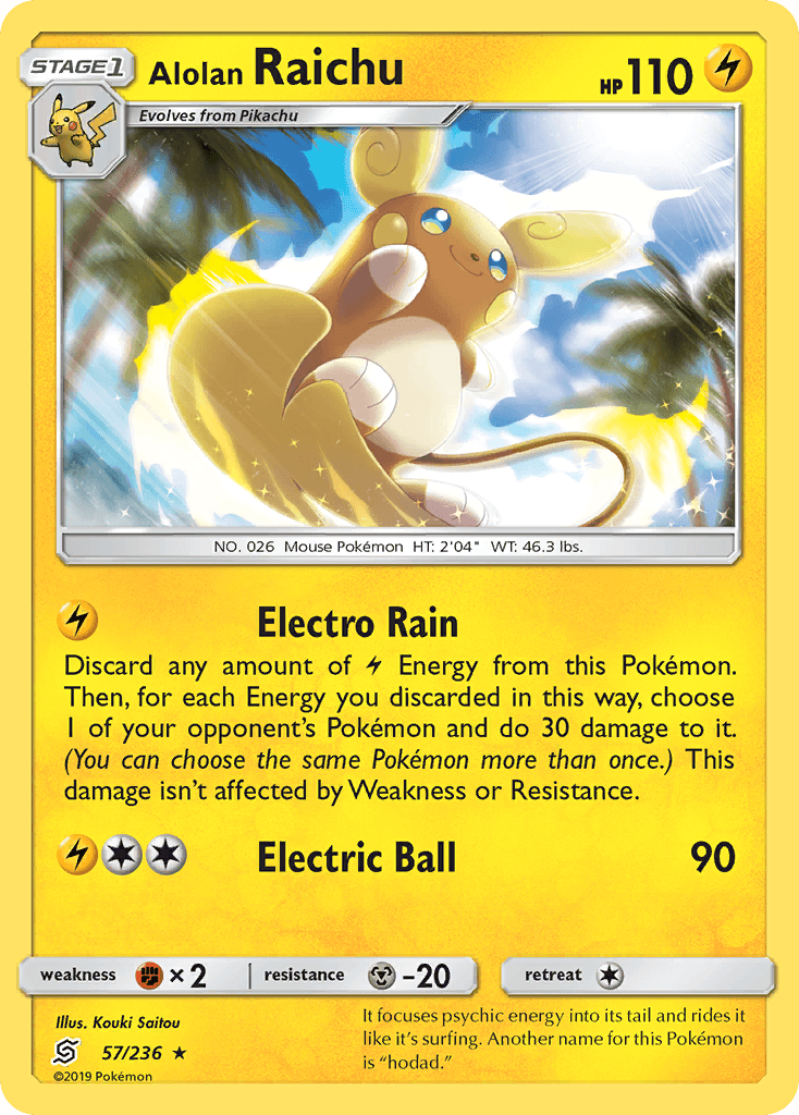 57, Fighting[×2], Holo Rare, Holofoil, Lightning, Metal[-20], Reverse Holofoil, Sun & Moon: Unified Minds Alolan Raichu (57/236) [Sun & Moon: Unified Minds] - Trading Card World
