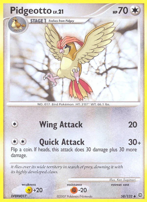 58, Colorless, Diamond & Pearl: Secret Wonders, Fighting[-20], Lightning[+20], Normal, Reverse Holofoil, Uncommon Pidgeotto (58/132) [Diamond & Pearl: Secret Wonders] - Trading Card World