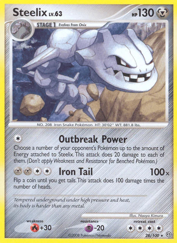 28, Diamond & Pearl: Stormfront, Fire[+30], Metal, Normal, Psychic[-20], Rare, Reverse Holofoil Steelix (28/100) [Diamond & Pearl: Stormfront] - Trading Card World