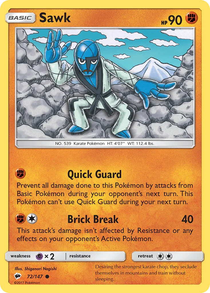 72, Common, Fighting, Normal, Psychic[×2], Reverse Holofoil, Sun & Moon: Burning Shadows Sawk (72/147) [Sun & Moon: Burning Shadows] - Trading Card World