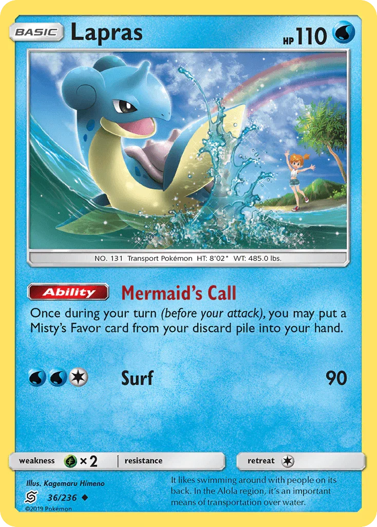 36, Grass[×2], Normal, Reverse Holofoil, Sun & Moon: Unified Minds, Uncommon, Water Lapras (36/236) [Sun & Moon: Unified Minds] - Trading Card World