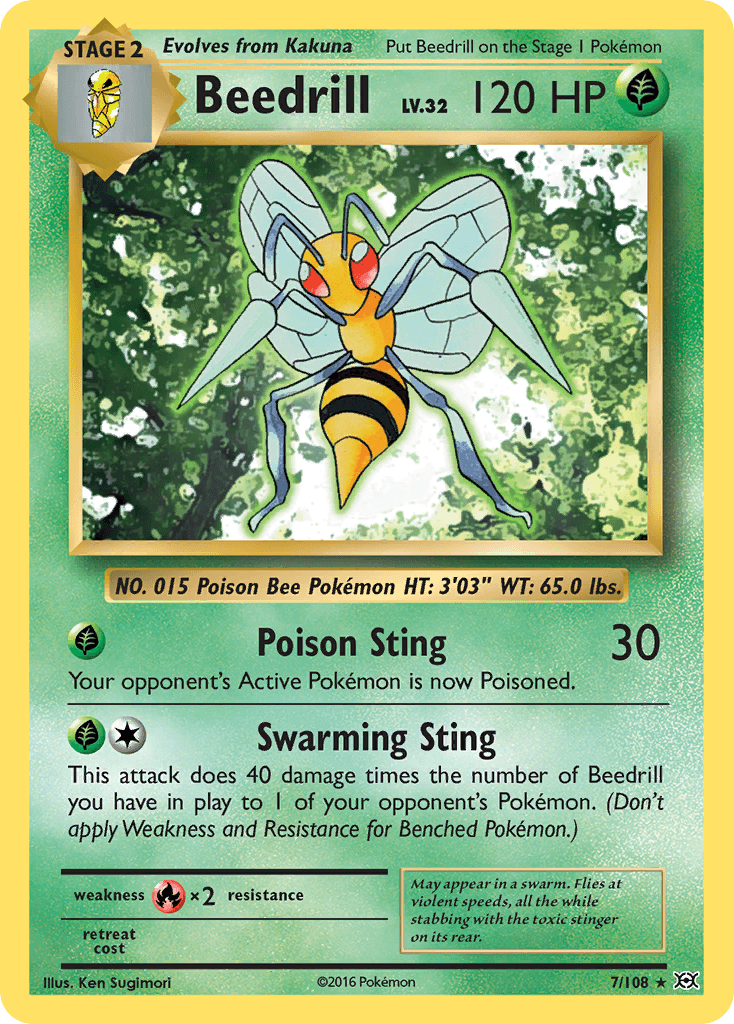 Fire[×2], Grass, Normal, Rare, Reverse Holofoil, XY: Evolutions Beedrill (7/108) [XY: Evolutions] - Trading Card World