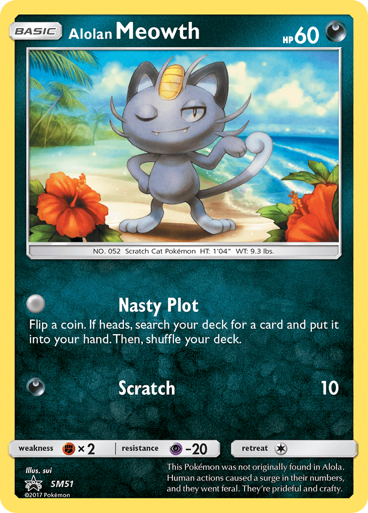 Darkness, Fighting [x2], Holofoil, Normal, Promo, Psychic [-20], SM51, Sun & Moon: Black Star Promos Alolan Meowth (SM51) [Sun & Moon: Black Star Promos] - Trading Card World