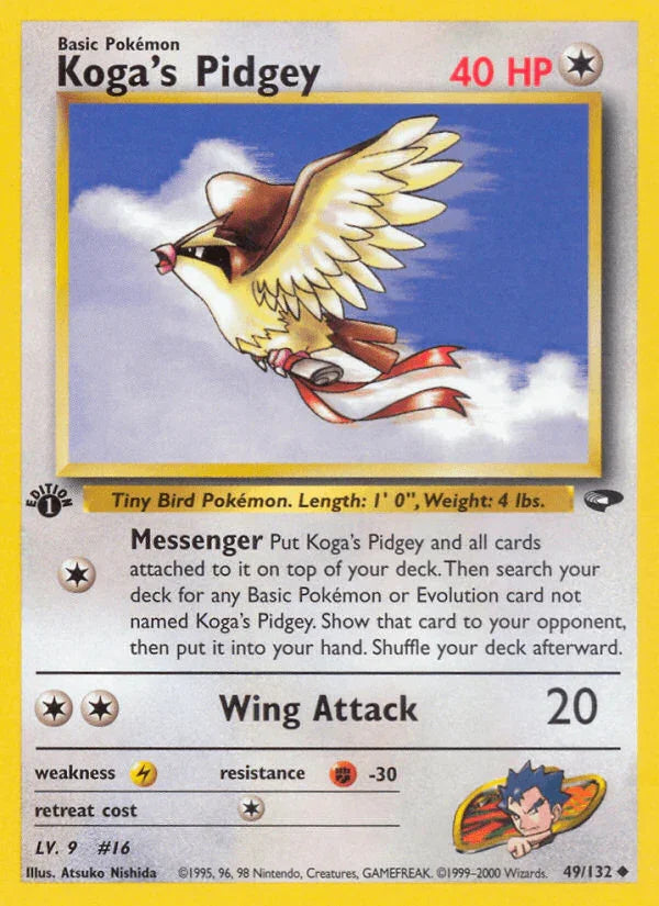1st Edition Normal, 49, Colorless, Fighting[-30], Gym Challenge 1st Edition, Lightning[×2], Uncommon Koga's Pidgey (49/132) [Gym Challenge 1st Edition] - Trading Card World