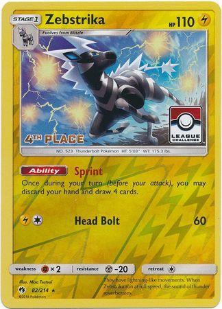 82, Fighting[×2], Lightning, Metal[-20], Promo, Reverse Holofoil, Sun & Moon: Lost Thunder Zebstrika (82/214) (League Promo 4th Place) [Sun & Moon: Lost Thunder] - Trading Card World