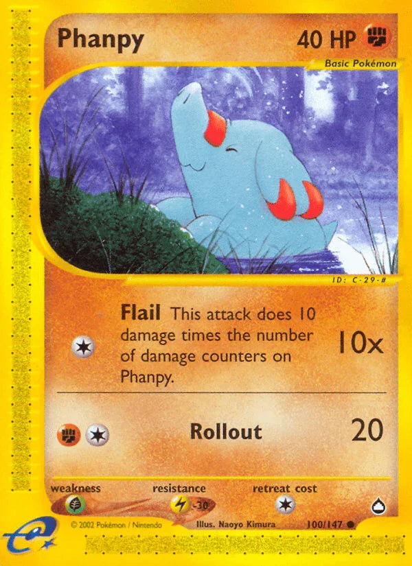 100, Aquapolis, Common, Fighting, Grass[×2], Lightning[-30], Normal, Reverse Holofoil Phanpy (100/147) [Aquapolis] - Trading Card World