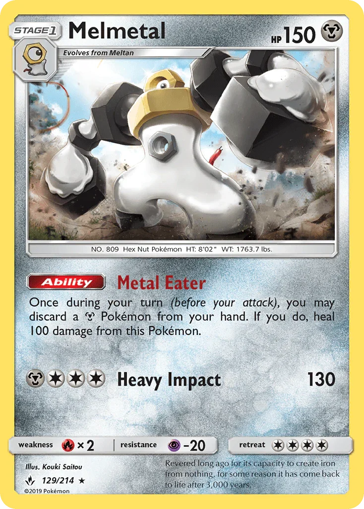 129, Fire[×2], Holo Rare, Holofoil, Metal, Psychic[-20], Reverse Holofoil, Sun & Moon: Unbroken Bonds Melmetal (129/214) [Sun & Moon: Unbroken Bonds] - Trading Card World