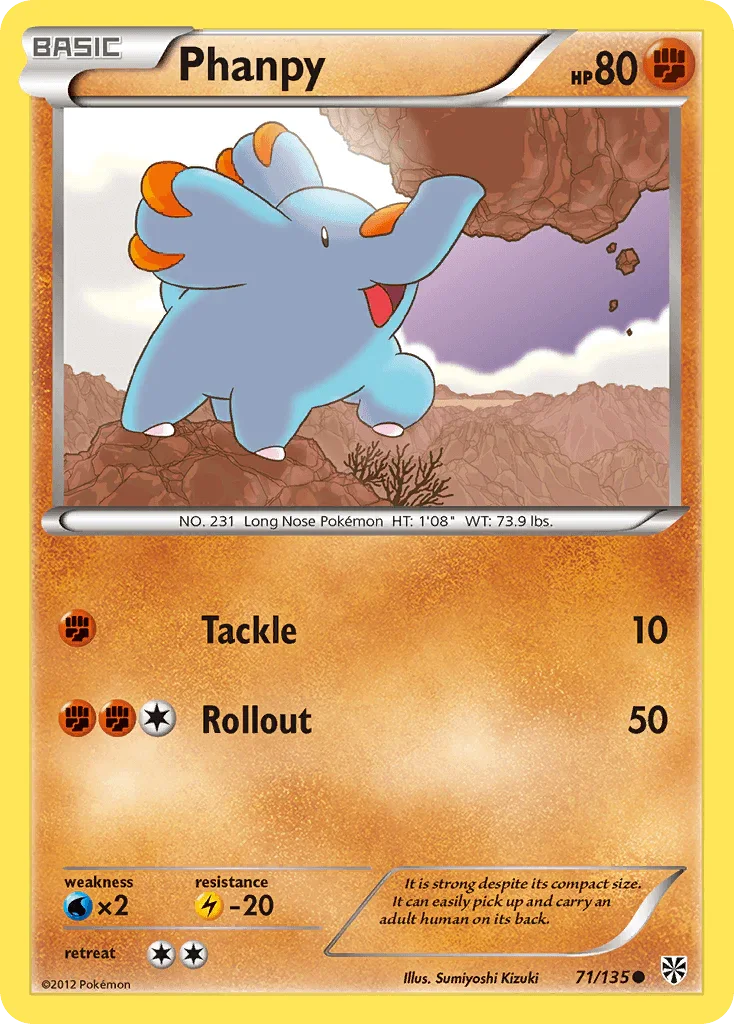 71, Black & White: Plasma Storm, Common, Fighting, Lightning[-20], Normal, Reverse Holofoil, Water[×2] Phanpy (71/135) [Black & White: Plasma Storm] - Trading Card World