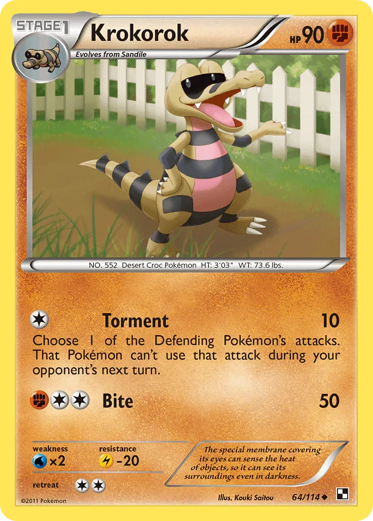 64, Black & White: Base Set, Fighting, Lightning[-20], Normal, Reverse Holofoil, Uncommon, Water[×2] Krokorok (64/114) [Black & White: Base Set] - Trading Card World