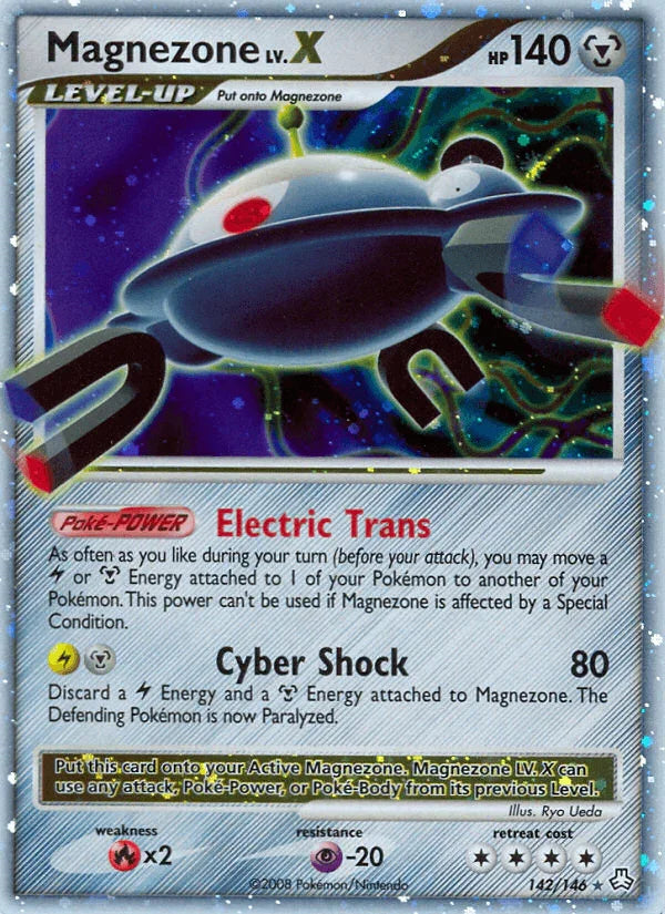 142, Diamond & Pearl: Legends Awakened, Fire[×2], Holo Rare, Holofoil, Metal, Psychic[-20] Magnezone LV.X (142/146) [Diamond & Pearl: Legends Awakened] - Trading Card World