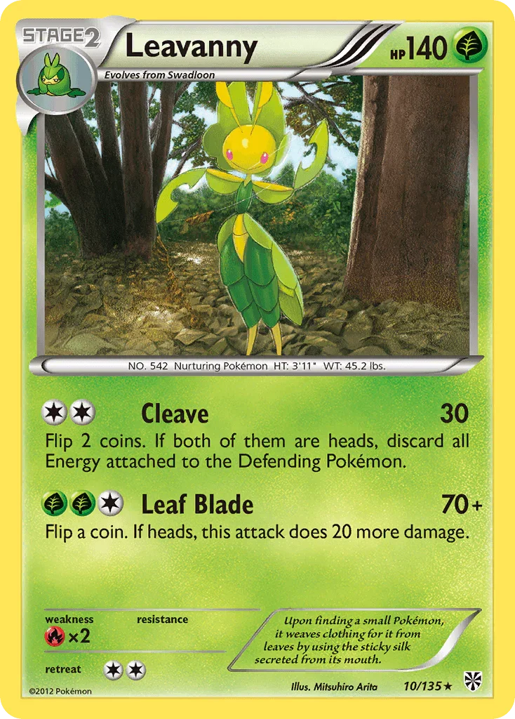 10, Black & White: Plasma Storm, Fire[×2], Grass, Normal, Rare, Reverse Holofoil Leavanny (10/135) [Black & White: Plasma Storm] - Trading Card World