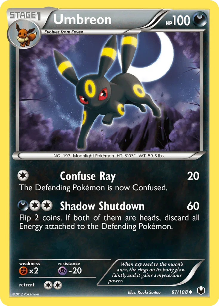 61, Black & White: Dark Explorers, Darkness, Fighting[×2], Normal, Psychic[-20], Reverse Holofoil, Uncommon Umbreon (61/108) [Black & White: Dark Explorers] - Trading Card World