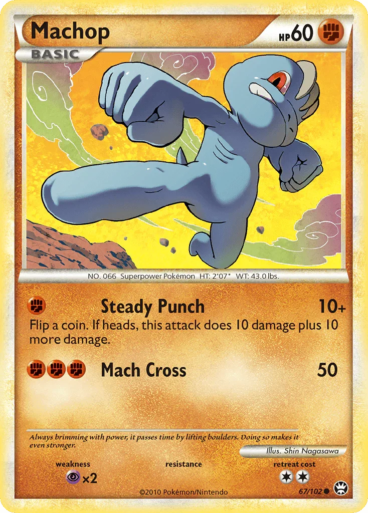 67, Common, Fighting, HeartGold & SoulSilver: Triumphant, Normal, Psychic[×2], Reverse Holofoil Machop (67/102) [HeartGold & SoulSilver: Triumphant] - Trading Card World