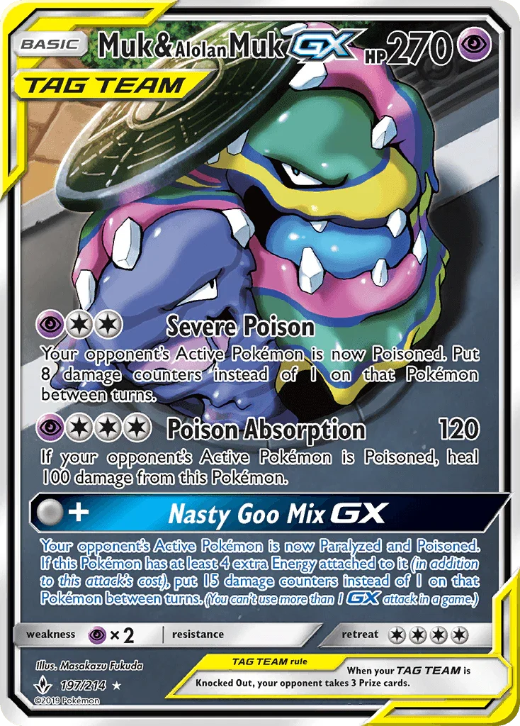 197, Holofoil, Psychic, Psychic[×2], Sun & Moon: Unbroken Bonds, Ultra Rare Muk & Alolan Muk GX (197/214) [Sun & Moon: Unbroken Bonds] - Trading Card World
