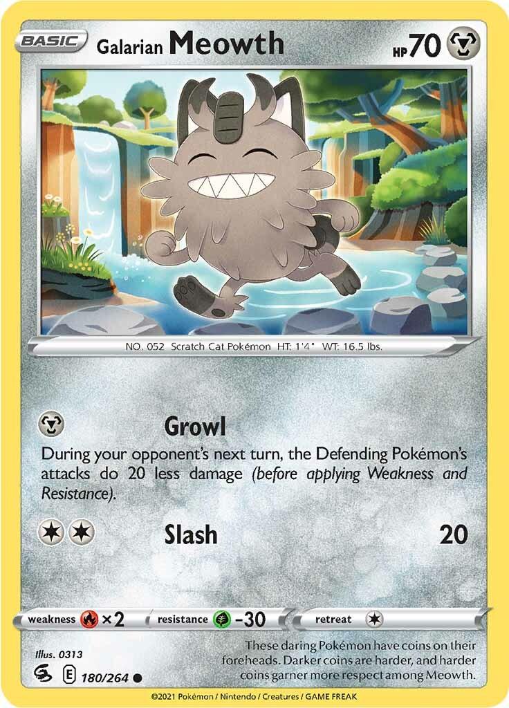 180, Common, Fire [x2], Grass [-30], Metal, Normal, Reverse Holofoil, Sword & Shield: Fusion Strike Galarian Meowth (180/264) [Sword & Shield: Fusion Strike] - Trading Card World