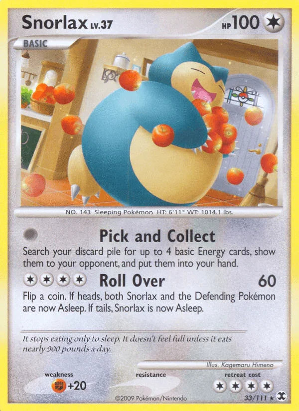33, Colorless, Fighting[+20], Normal, Platinum: Rising Rivals, Rare, Reverse Holofoil Snorlax (33/111) [Platinum: Rising Rivals] - Trading Card World