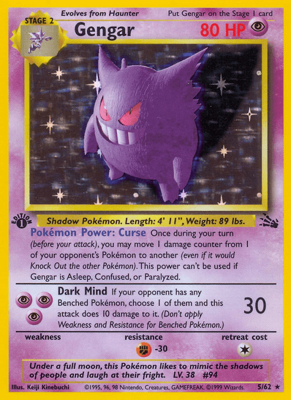 1st Edition Holofoil, Fighting[-30], Fossil 1st Edition, Holo Rare, Psychic Gengar (5/62) [Fossil 1st Edition] - Trading Card World