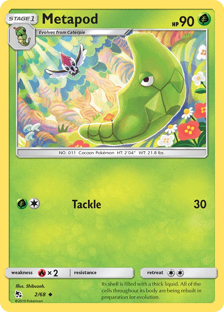 Fire[×2], Grass, Normal, Reverse Holofoil, Sun & Moon: Hidden Fates, Uncommon Metapod (2/68) [Sun & Moon: Hidden Fates] - Trading Card World