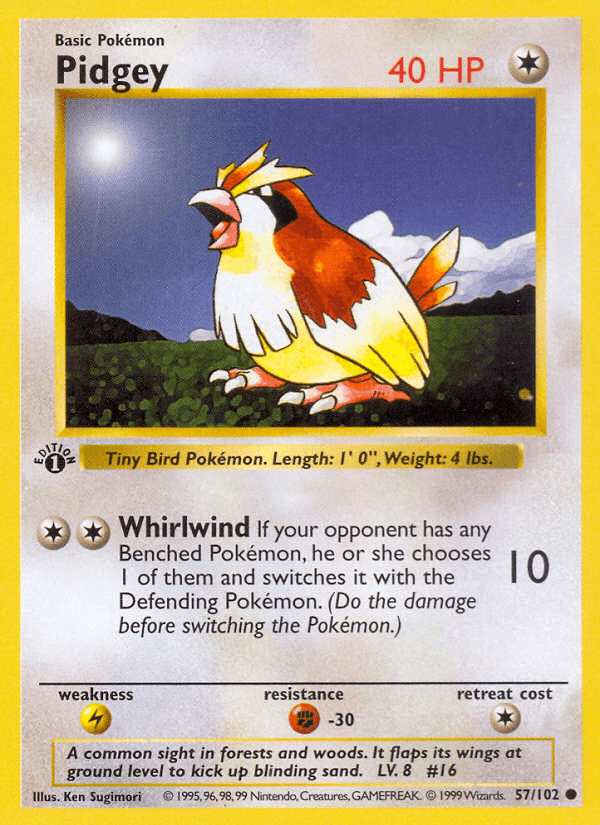 1st Edition Normal, 57, Base Set 1st Edition, Colorless, Common, Fighting[-30], Lightning[×2] Pidgey (57/102) (Shadowless) [Base Set 1st Edition] - Trading Card World