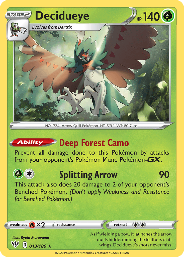 013, Fire[×2], Grass, Holo Rare, Holofoil, Reverse Holofoil, Sword & Shield: Darkness Ablaze Decidueye (013/189) [Sword & Shield: Darkness Ablaze] - Trading Card World