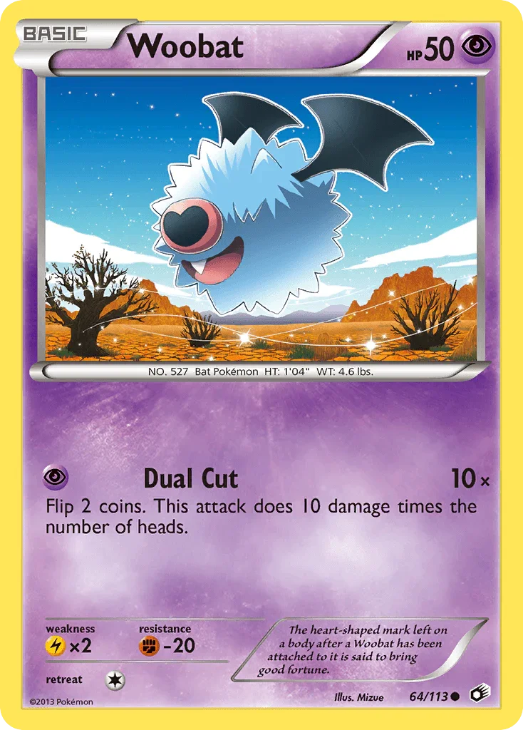 64, Black & White: Legendary Treasures, Common, Fighting[-20], Lightning[×2], Normal, Psychic, Reverse Holofoil Woobat (64/113) [Black & White: Legendary Treasures] - Trading Card World