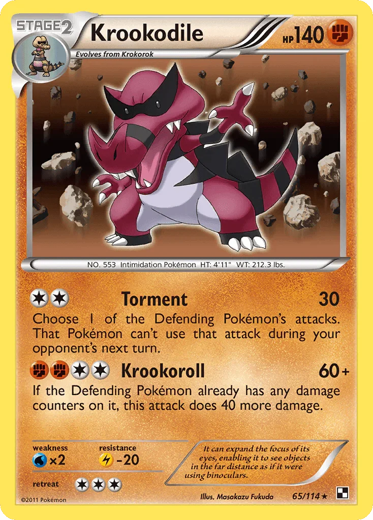 65, Black & White: Base Set, Fighting, Holo Rare, Holofoil, Lightning[-20], Reverse Holofoil, Water[×2] Krookodile (65/114) [Black & White: Base Set] - Trading Card World