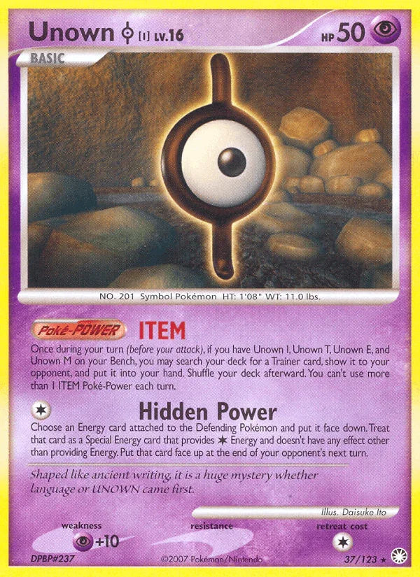 37, Diamond & Pearl: Mysterious Treasures, Normal, Psychic, Psychic[+10], Rare, Reverse Holofoil Unown I (37/123) [Diamond & Pearl: Mysterious Treasures] - Trading Card World