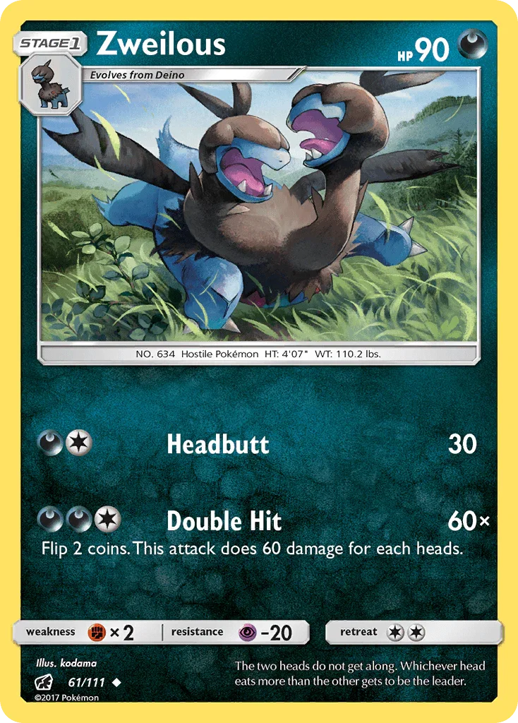 61, Darkness, Fighting[×2], Normal, Psychic[-20], Reverse Holofoil, Sun & Moon: Crimson Invasion, Uncommon Zweilous (61/111) [Sun & Moon: Crimson Invasion] - Trading Card World