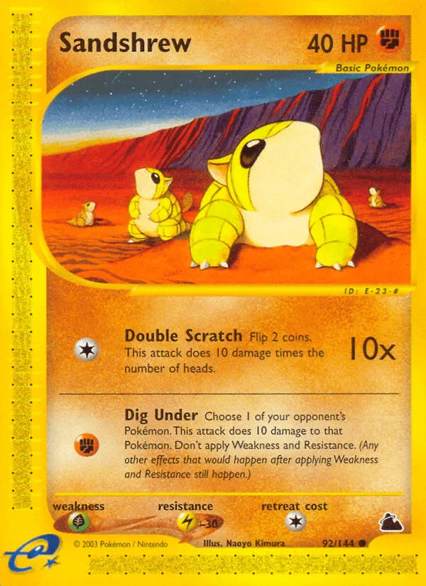 92, Common, Fighting, Grass[×2], Lightning[-30], Normal, Reverse Holofoil, Skyridge Sandshrew (92/144) [Skyridge] - Trading Card World