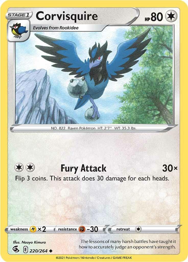 220, Colorless, Fighting [-30], Lightning [x2], Normal, Reverse Holofoil, Sword & Shield: Fusion Strike, Uncommon Corvisquire (220/264) [Sword & Shield: Fusion Strike] - Trading Card World
