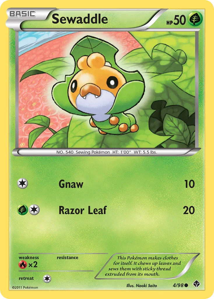 Black & White: Emerging Powers, Common, Fire[×2], Grass, Normal, Reverse Holofoil Sewaddle (4/98) [Black & White: Emerging Powers] - Trading Card World