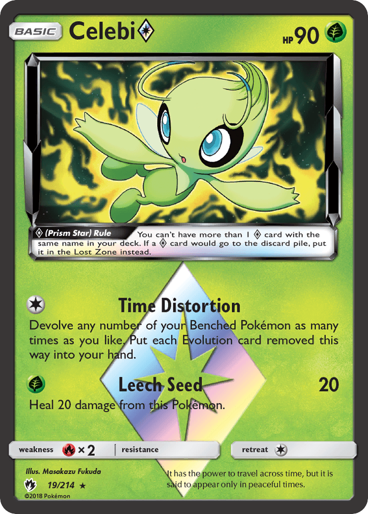 19, Fire[×2], Grass, Holo Rare, Holofoil, Sun & Moon: Lost Thunder Celebi (19/214) (Prism Star) [Sun & Moon: Lost Thunder] - Trading Card World