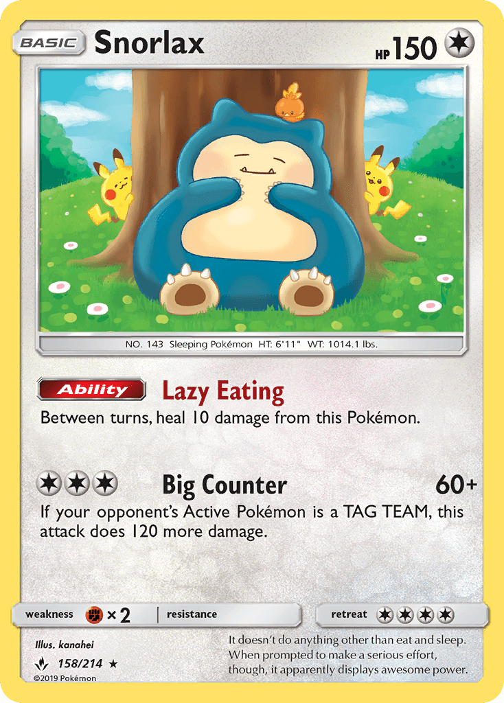 158, Colorless, Fighting[×2], Holo Rare, Holofoil, Reverse Holofoil, Sun & Moon: Unbroken Bonds Snorlax (158/214) [Sun & Moon: Unbroken Bonds] - Trading Card World
