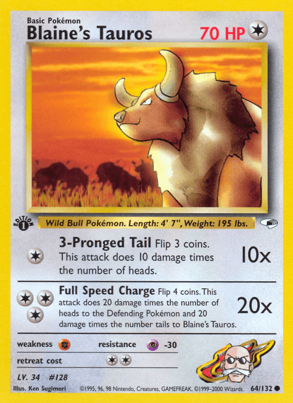 1st Edition Normal, 64, Colorless, Common, Fighting[×2], Gym Heroes 1st Edition, Psychic[-30] Blaine's Tauros (64/132) [Gym Heroes 1st Edition] - Trading Card World