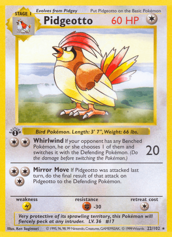 1st Edition Normal, 22, Base Set 1st Edition, Colorless, Fighting[-30], Lightning[×2], Rare Pidgeotto (22/102) (Shadowless) [Base Set 1st Edition] - Trading Card World