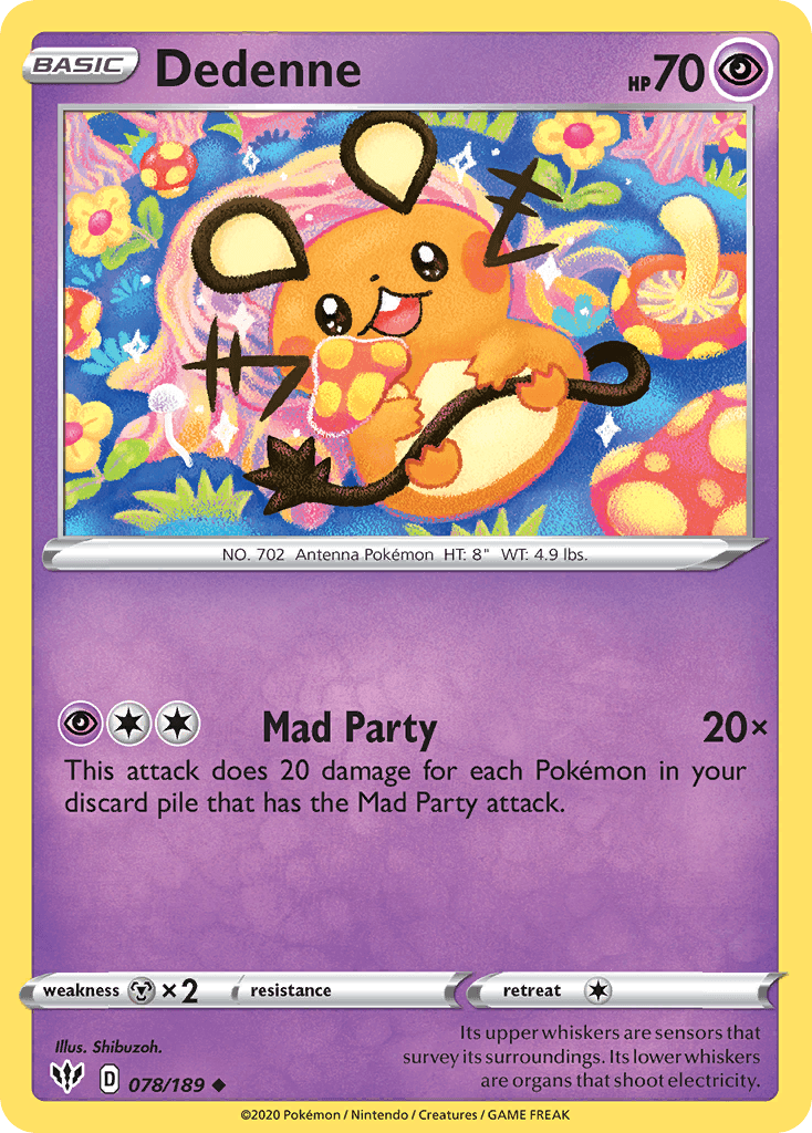 078, Metal[×2], Normal, Psychic, Reverse Holofoil, Sword & Shield: Darkness Ablaze, Uncommon Dedenne (078/189) [Sword & Shield: Darkness Ablaze] - Trading Card World