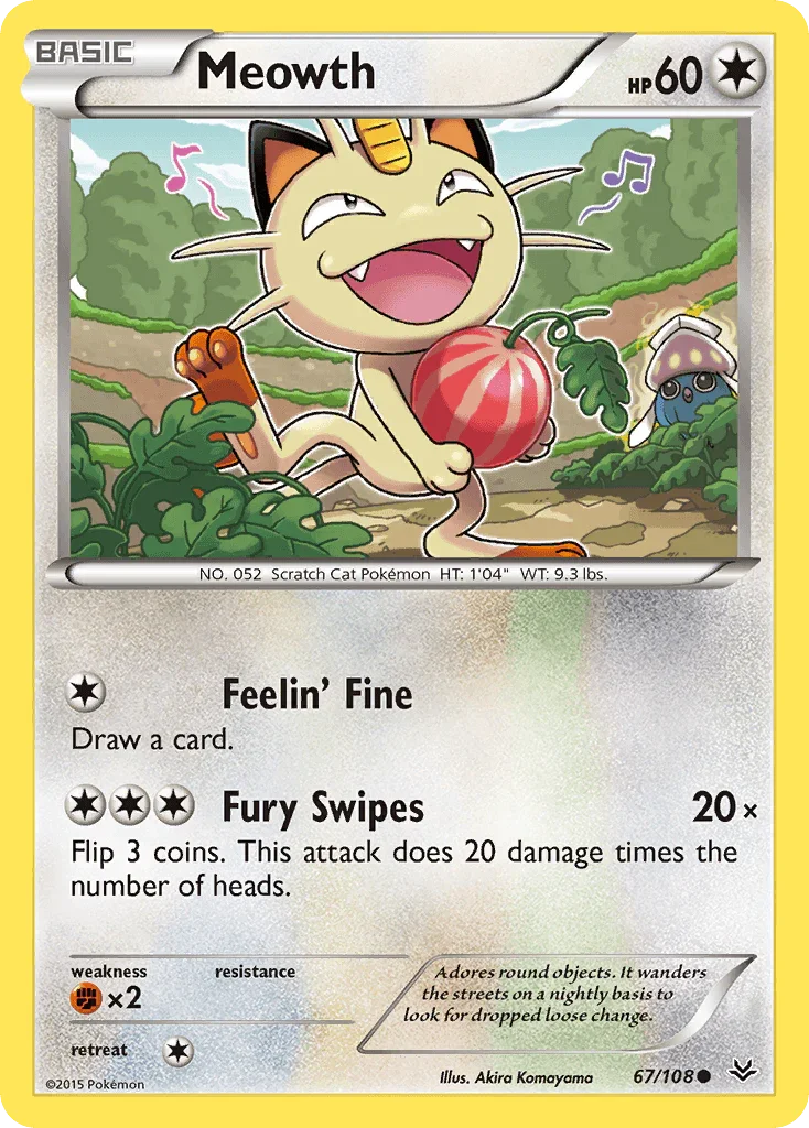 67, Colorless, Common, Fighting[×2], Normal, Reverse Holofoil, XY: Roaring Skies Meowth (67/108) [XY: Roaring Skies] - Trading Card World