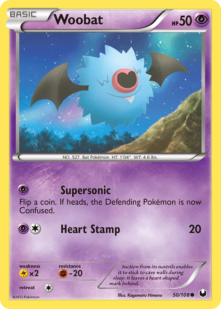 50, Black & White: Dark Explorers, Common, Fighting[-20], Lightning[×2], Normal, Psychic, Reverse Holofoil Woobat (50/108) [Black & White: Dark Explorers] - Trading Card World
