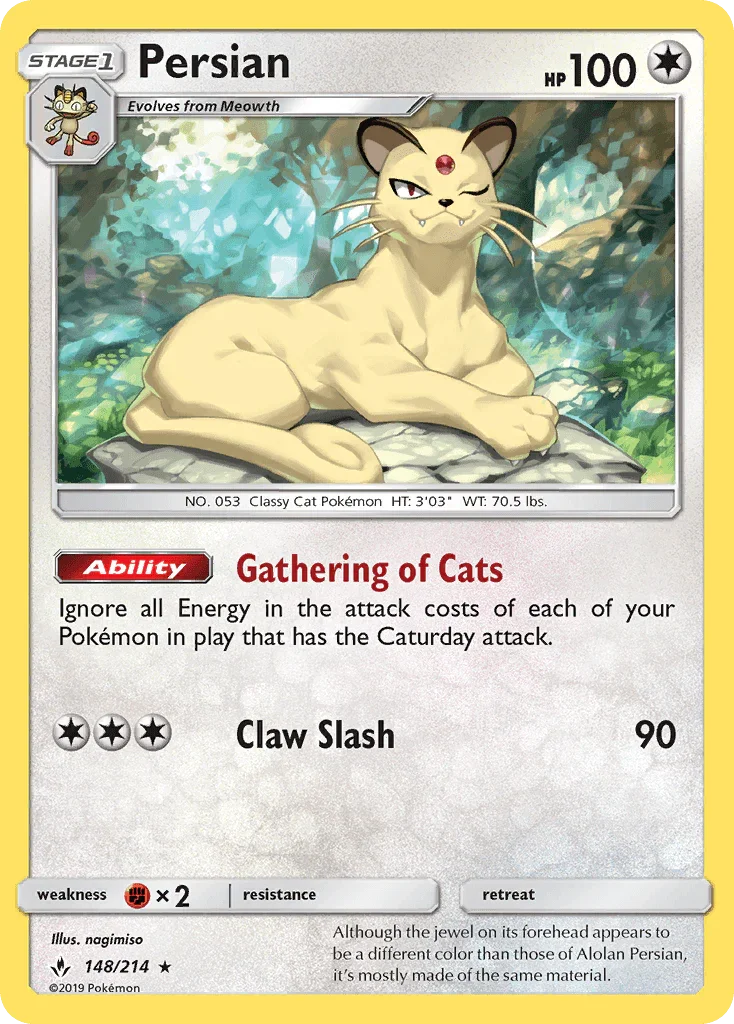 148, Colorless, Fighting[×2], Normal, Rare, Reverse Holofoil, Sun & Moon: Unbroken Bonds Persian (148/214) [Sun & Moon: Unbroken Bonds] - Trading Card World