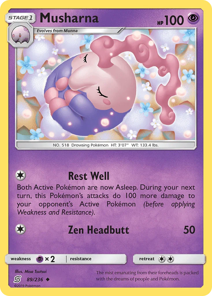 89, Normal, Psychic, Psychic[×2], Reverse Holofoil, Sun & Moon: Unified Minds, Uncommon Musharna (89/236) [Sun & Moon: Unified Minds] - Trading Card World